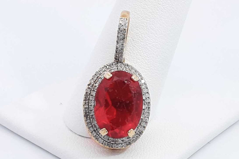 Red Gemstone & Diamond Pendant In 10k Yellow Gold 4 Grams Eb1024crsa