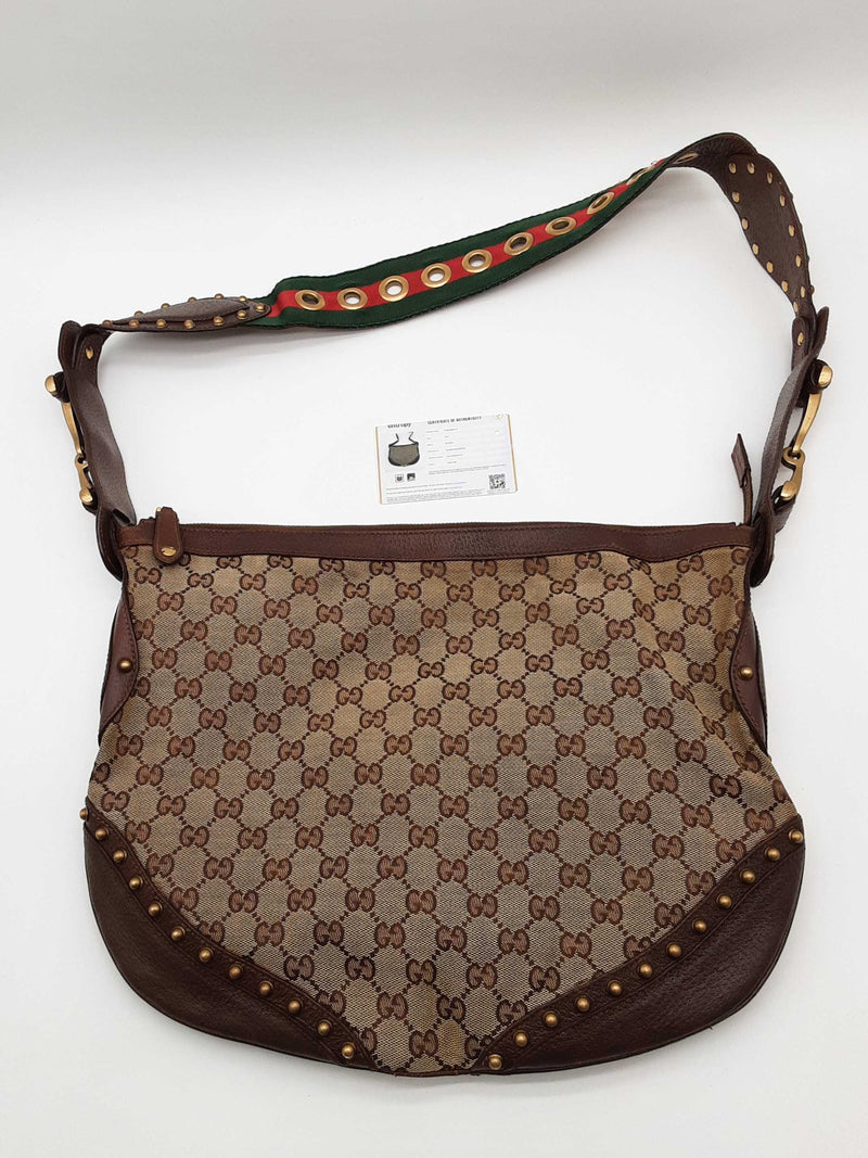 Gucci 144011 Pelham Studded Gg Canvas Leather Web Hobo Bag Do1124wxzde