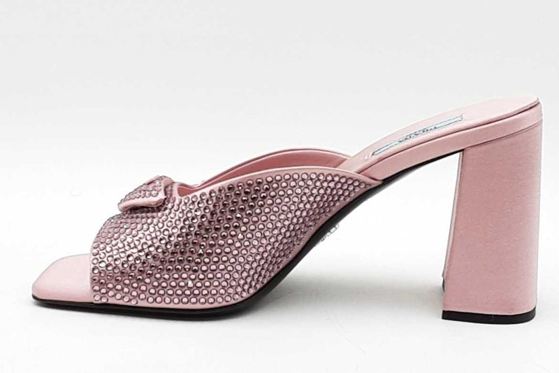 PRADA ビジュー装飾 サテン ミュール ピンク Prada Crystal Embellished Pink Satin Mules Size 38.5 Eb1225orxdu