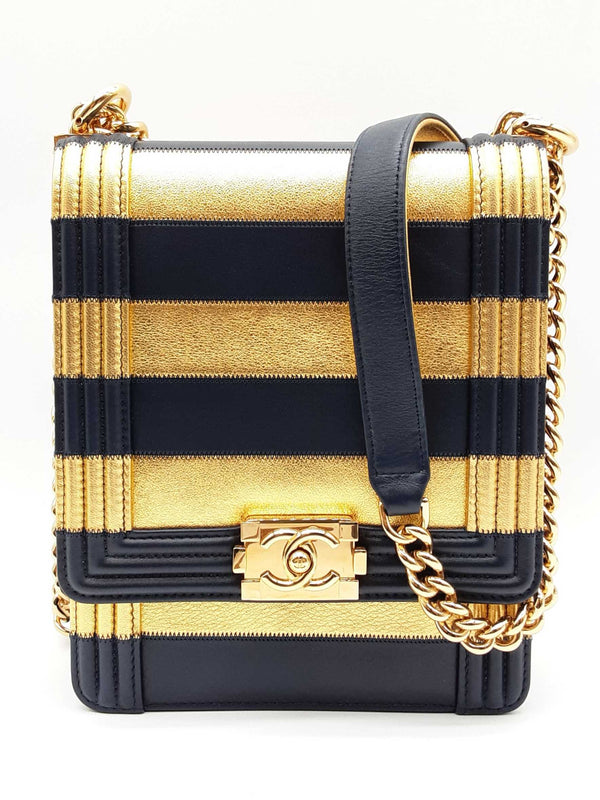 Chanel Paris- New York North South Boy Flap Blue Gold Crossbody Bag Do0925lcxzde