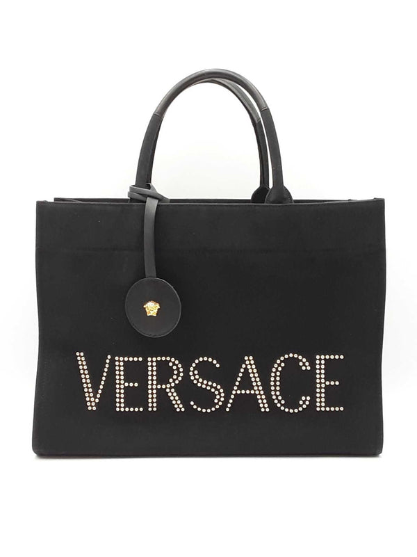 Versace Studded Logo Black Canvas Tote Bag Fw0525wxzdu