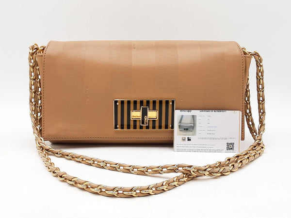 Fendi Pequin Claudia Shoulder Bag In Embossed Tan Leather Fw0925lordu