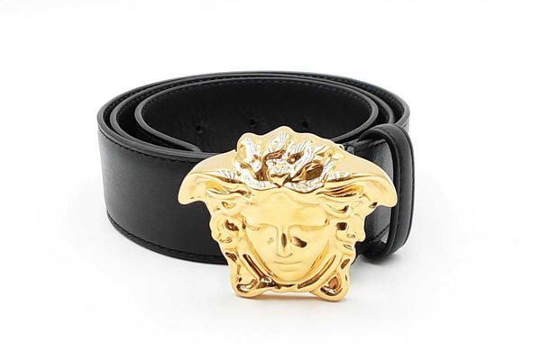 Versace Black Leather Belt With Gold Tone Medusa Buckle Eb1224lrxdu