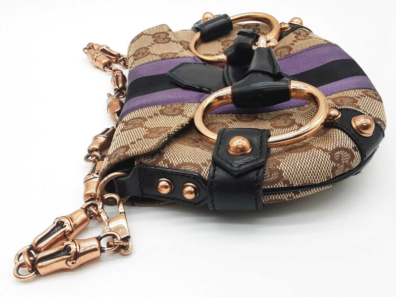 Gucci 129498 Mini Horsebit Tan Gg Canvas Purple Black Satin Clutch Do0925pxzde