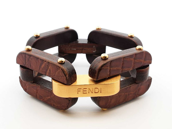 Fendi Wood  & Leather Link Bracelet 77.2 Grams Fw0125lxzdu