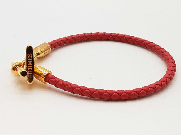 Hermes Etrier Red Braided Leather Goldtone Clasp Bracelet 6.5 In Do1025lrxde