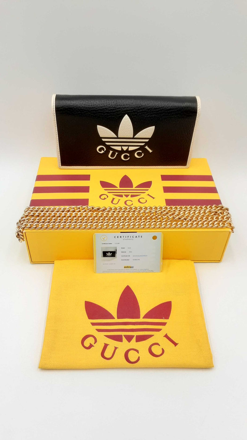 Gucci X Adidas Black & White Leather Wallet On Chain Fw1124wrxdu