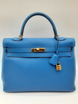 Hermes Kelly 35 Bleu Zanzibar Blue Gris Pearl Gray Togo Gold Crossbody Do0724exzxde