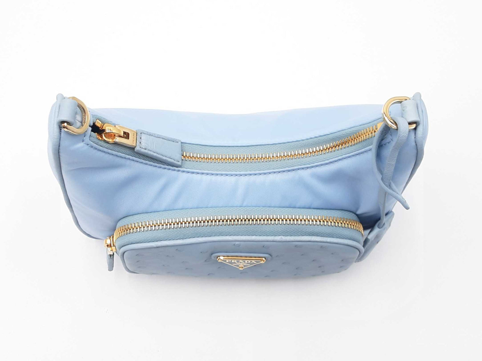 Prada Mini Shoulder Bag In Sky Blue Re-nylon & Ostrich Leather