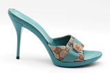 Gucci Gg Monogram Canvas & Turquoise Heels Size 9 Eb1225exdu