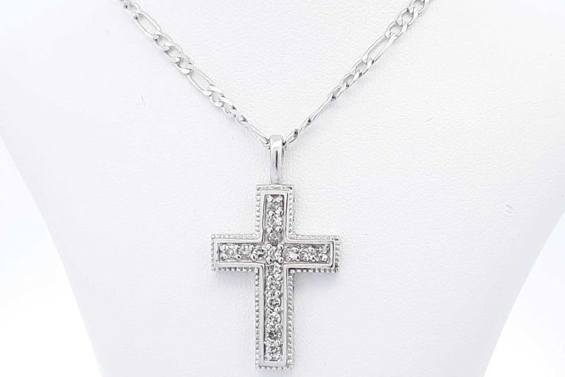 Diamond Cross 14k White Gold Pendant & Figaro Chain 9.1 Grams 22 In Eb0824woxsa