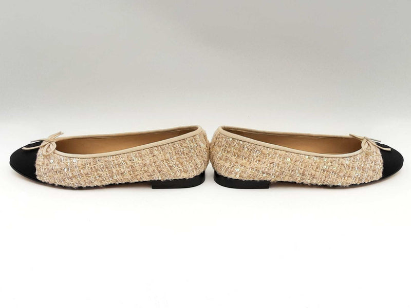 Chanel Tweed Ballet Flats Glittered Tweed Grosgrain Beige Size 39.5 Sd0425oxzsa