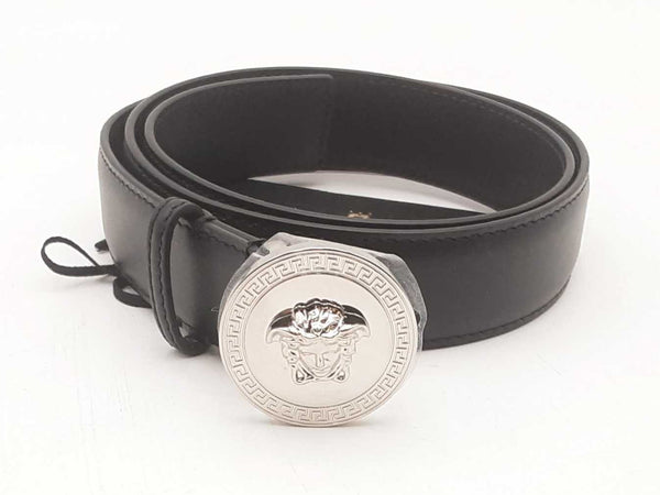 Versace Medusa Round Silver Buckle Black Calf Leather Belt 80/32 Sd0725lzxsa