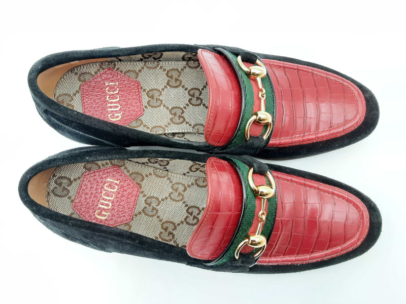 Gucci Web Horsebit Suede & Croc Embossed Leather Loafers Size 36.5 Fw1124oxzsa