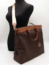 Michael Kors Travel Large North South Tote Bag In Brown Signature Coated Canvas Fw0726pxdu