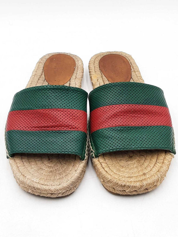 Gucci Green & Red Web Striped Espadrille Slides Size 8 Eb0825rxdu