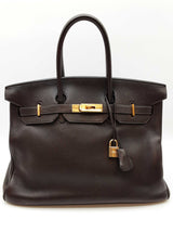 Hermes Birkin 35 Ebene Brown Clemence Gold Hardware Handbag Do0825sxzxde