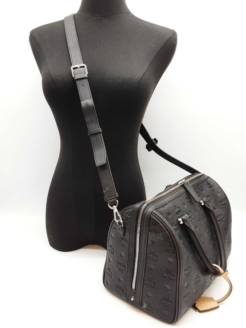Mcm Ottomar Essential Black Logo Embossed Leather Boston Bag Do0825orxde