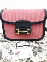 Gucci Horsebit Pink Corduroy & Navy Leather Shoulder Bag Eb1024exzdu