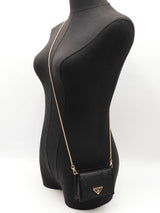 Prada Sequined Triangle Logo Card Holder With Chain In Black Leather Fw1225wxzdu