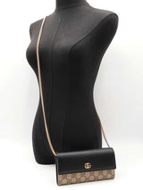 Gucci Marmont Wallet With Chain In Gg Supreme Canvas & Black Leather Fw1125pxzdu