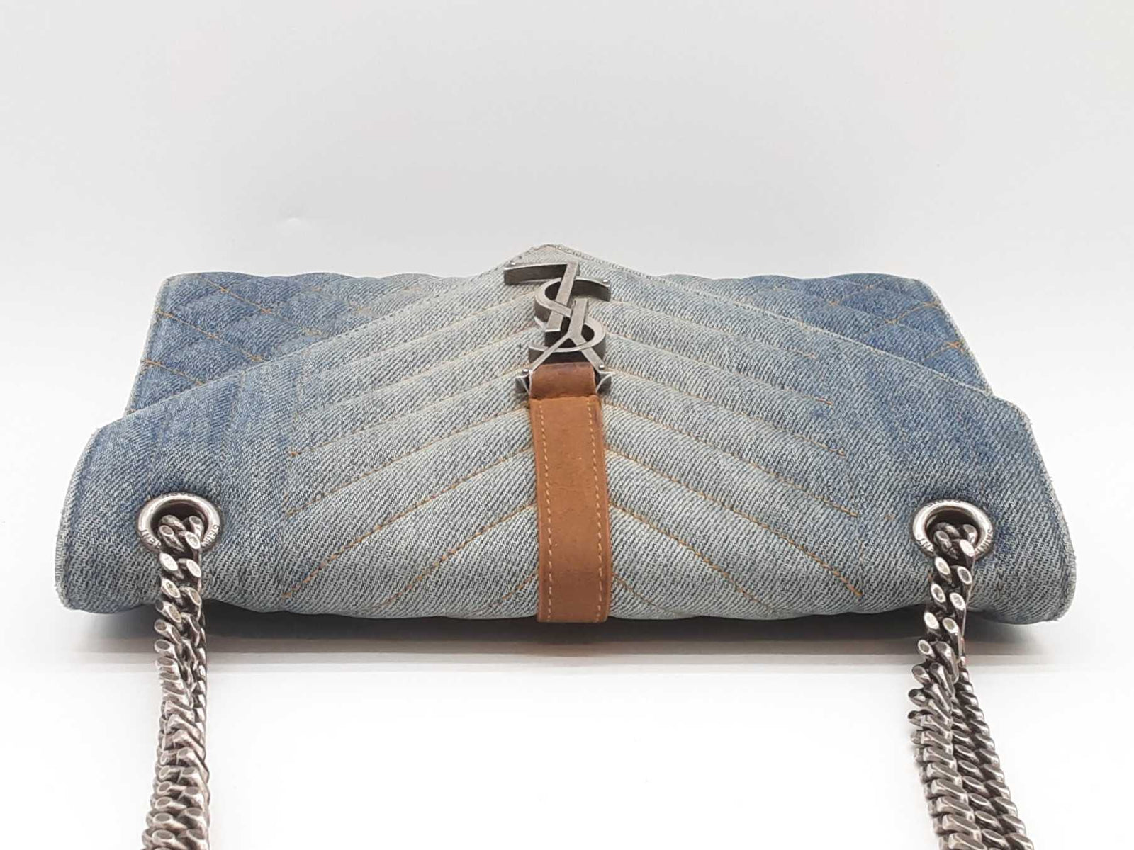 Ysl Saint Laurent Washed Denim Matelasse Chevron College Bag