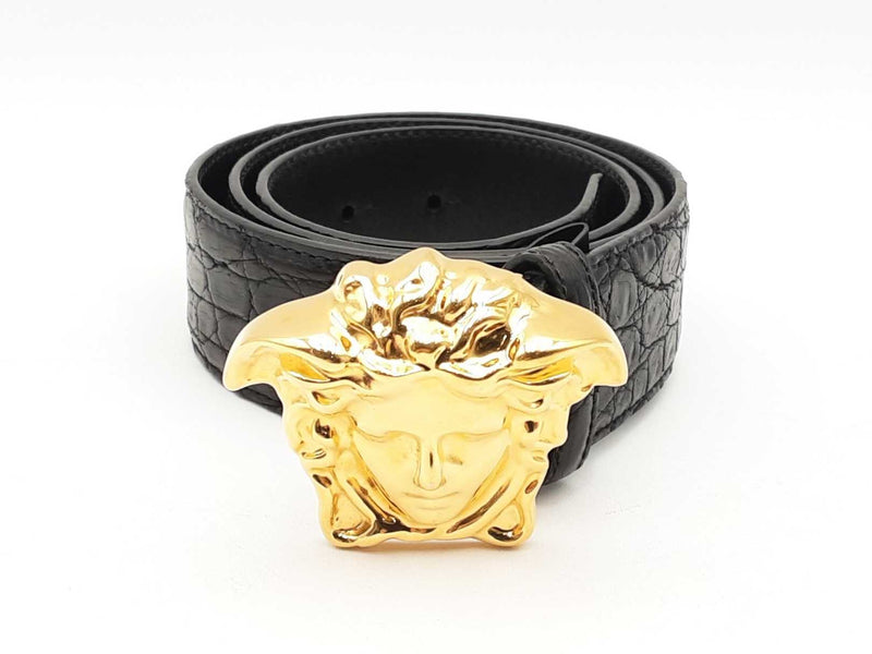 Versace La Medusa Croc-embossed Black Leather Belt & Gold-tone Buckle Fwlxzsa