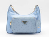 Prada Mini Shoulder Bag In Sky Blue Re-nylon & Ostrich Leather Fw0226lrxzdu