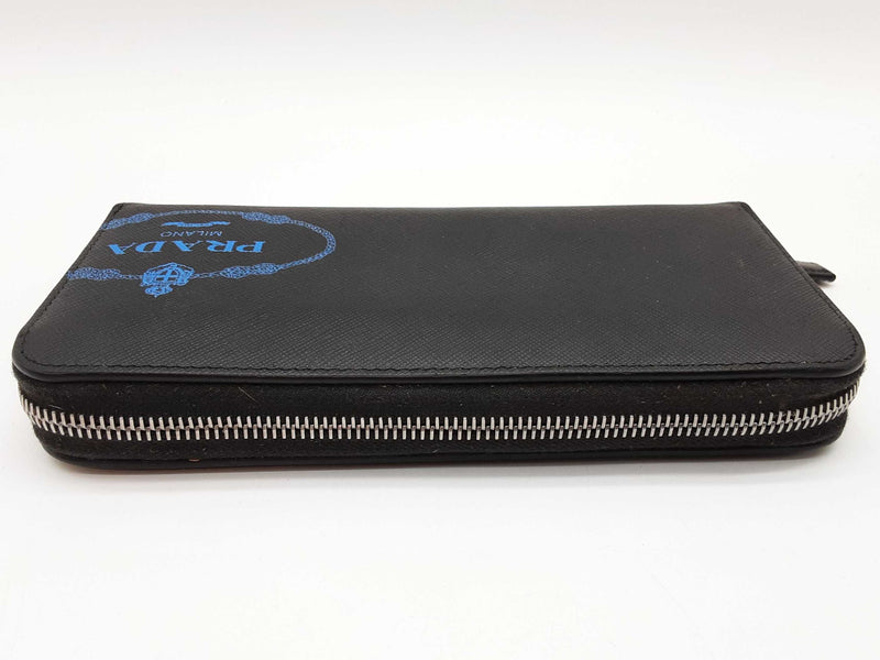 Prada Blue Logo Black Saffiano Leather Zip Wallet Do1025orxde