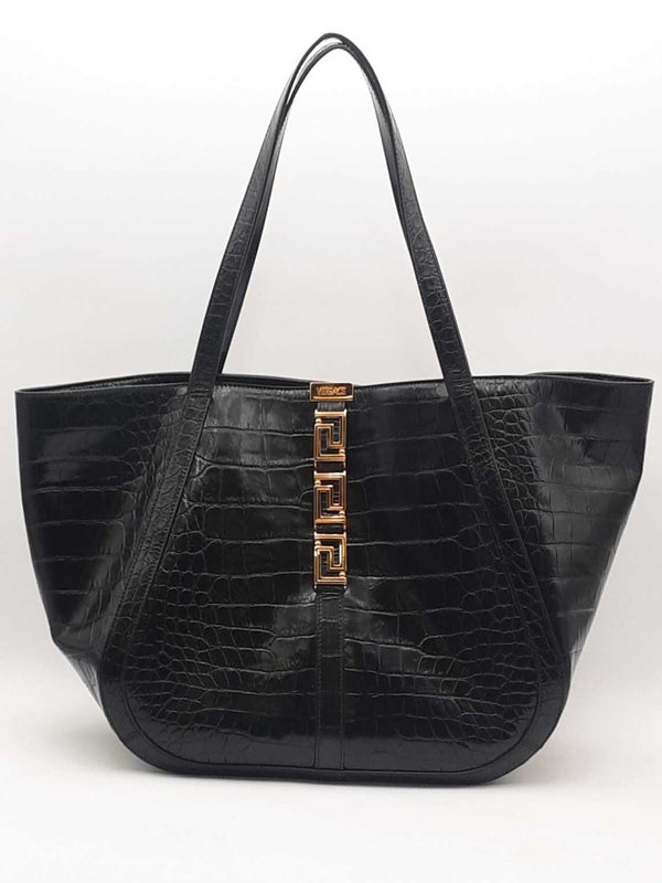 Versace Large Greca Croc Embosed Black Handbag Aa0925rzxsa