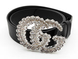Gucci Crystal Embellished Double G Black Leather Belt Size 95/38 Sd0526crde