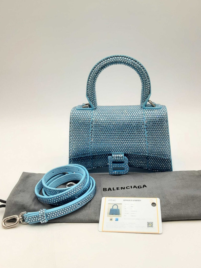 Balenciaga Hourgass Embellished Crystal Blue Suede Top Handle Bag Eb1224lxxzsa