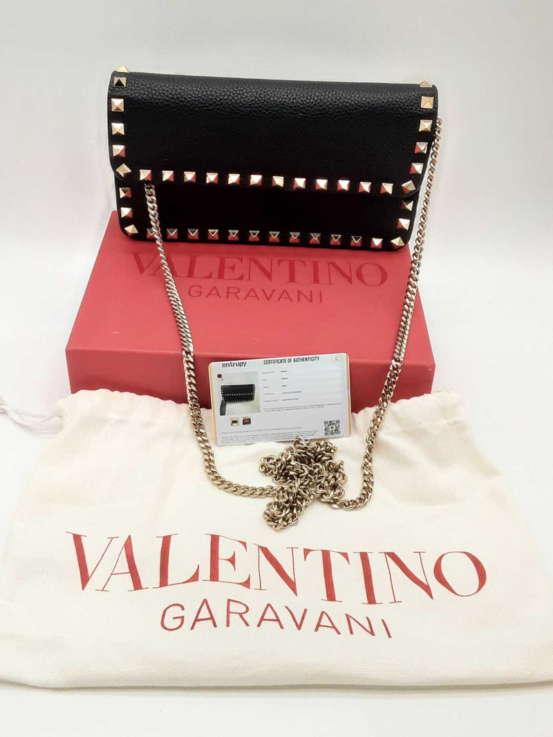 Valentino Black Leather Rockstud Flap Chain Wallet Eb0524wxzde