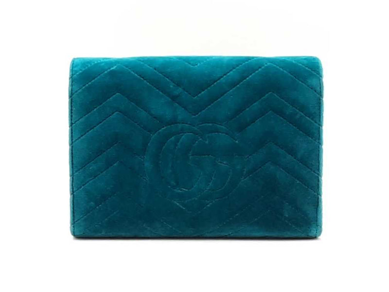Gucci Gg Marmont Matelassé Chain Wallet In Pavone Cyan Velvet Fw0725wrzdu
