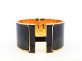 Hermès Extra Wide Clic H Gold-tone & Black Enamel Bangle Bracelet  7 Inch Fw0626lxzdu