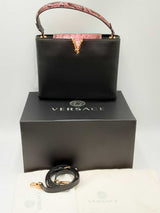 Versace Black Leather Top Handle Bag With Pink Snakeskin Trim Eb0324pxzdu