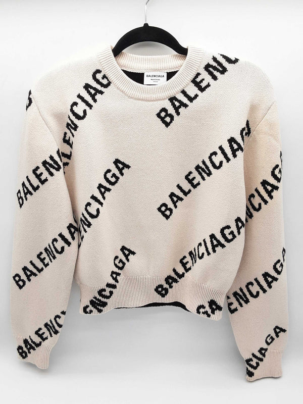 Balenciaga Logo Creme White Black Knit Sweater Size S Do0225wrxde