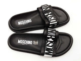 Moschino Black Leather & Metal Logo Slide Sandals Size 12 Fw0926pxdu