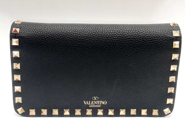 Valentino Black Leather Rockstud Flap Chain Wallet Eb0524wxzde