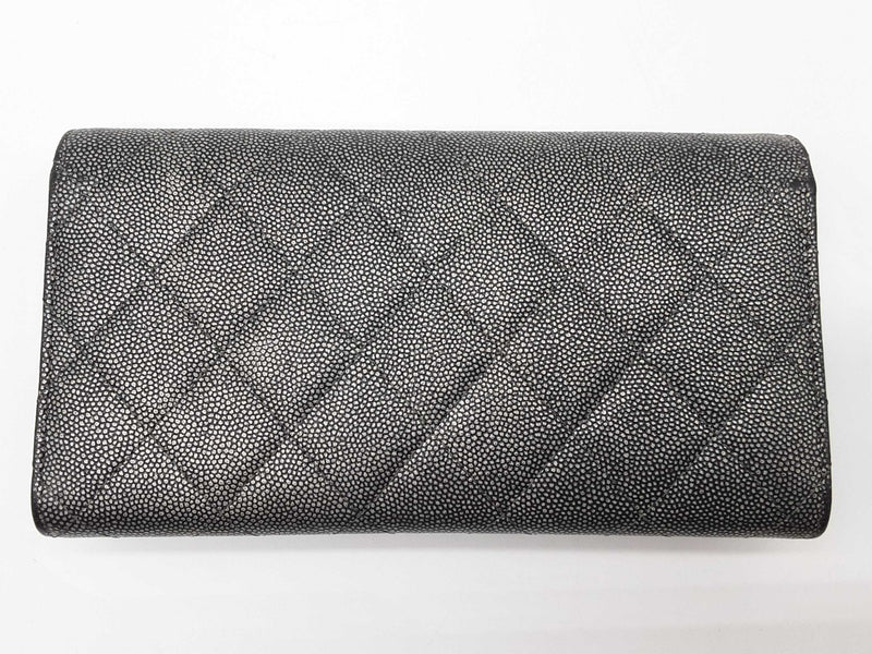 Chanel Gusset Dark Gray Metallic Quilted Caviar Leather Flap Wallet Do0425erxde