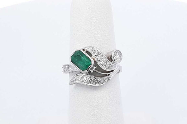 Emerald & Diamond Ring In 14k White Gold 3.6 Grams Size 5.5 Eb1025pxzdu