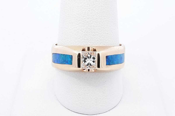 0.45ctw Princess Cut Diamond & Opal Ring 14k Yellow Gold 9.4g Size 9 Eb1125rxzdu