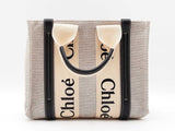 Chloe Woody Small Tote Bag In Beige Eco Linen & Navy Blue Leather Fw1125oordu
