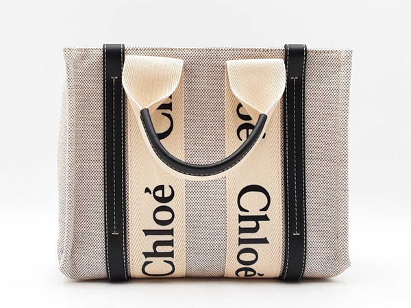 Chloe Woody Small Tote Bag In Beige Eco Linen & Navy Blue Leather Fw1125oordu
