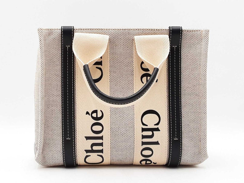 Chloe Woody Small Tote Bag In Beige Eco Linen & Navy Blue Leather Fw1125oordu