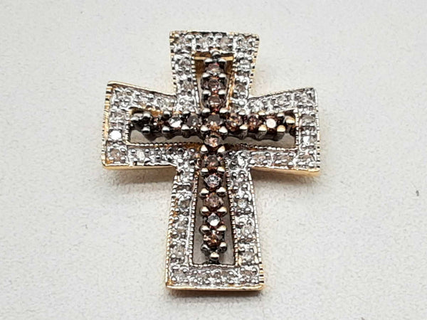 14k Two-tone Gold 3.1g White Brown Diamonds Cross Pendant Do1224rxde