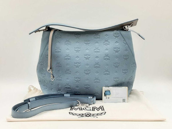 Mcm Klara Hobo Bag In Sky Blue Monogram Debossed Leather Fw0725przmia