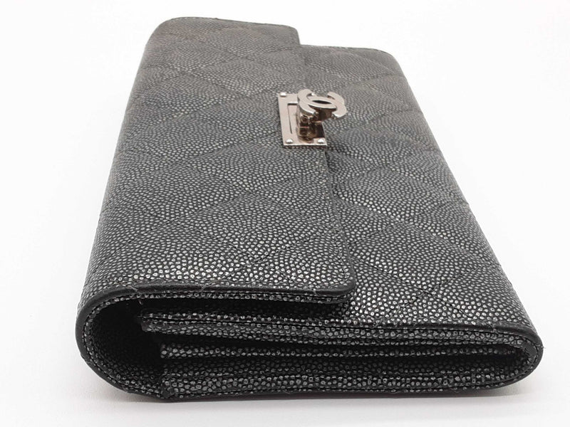 Chanel Gusset Dark Gray Metallic Quilted Caviar Leather Flap Wallet Do0425erxde