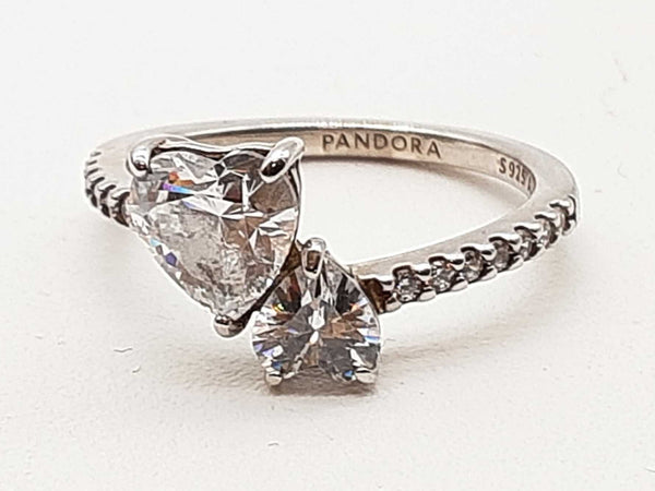 Pandora Double Heart Czs 0.925 Silver Sparkling Ring Size 6.5 Do0525wxde
