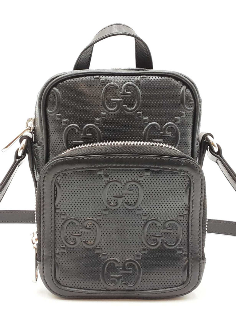 Gucci Gg Embossed Black Perforated Leather Mini Crossbody